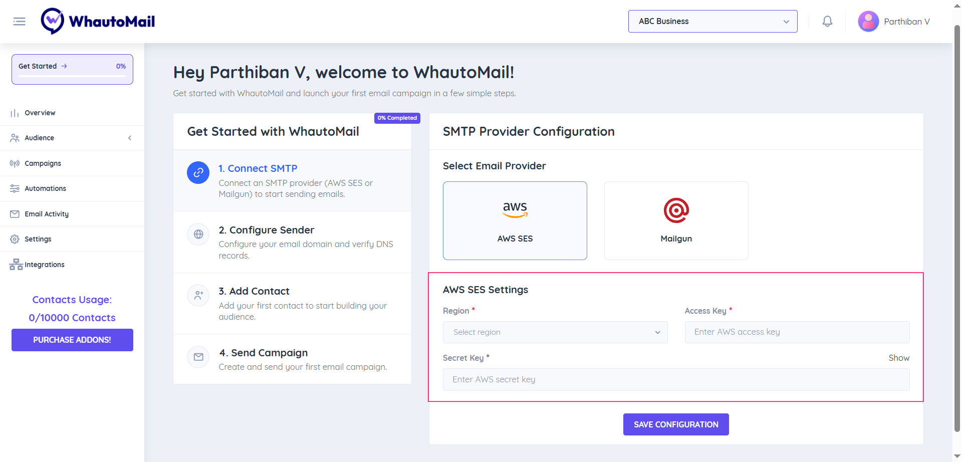 Configure AWS SES Settings