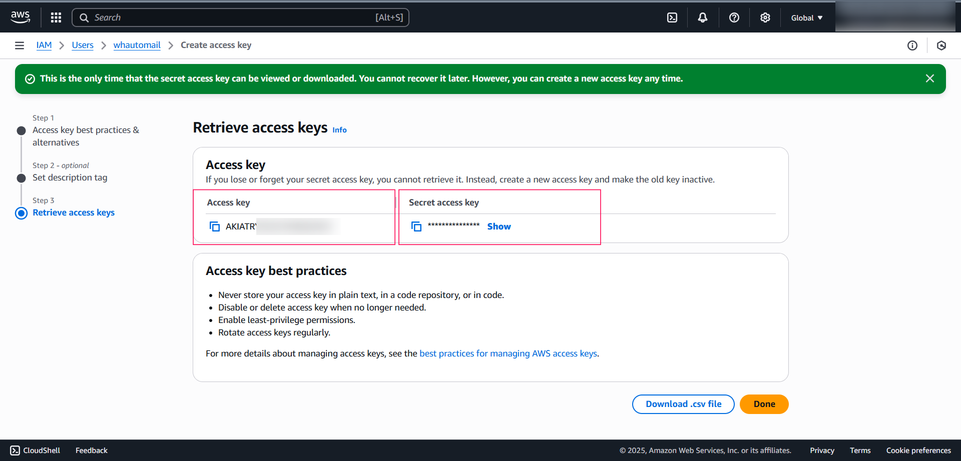 Copy Access Key and Secret Key