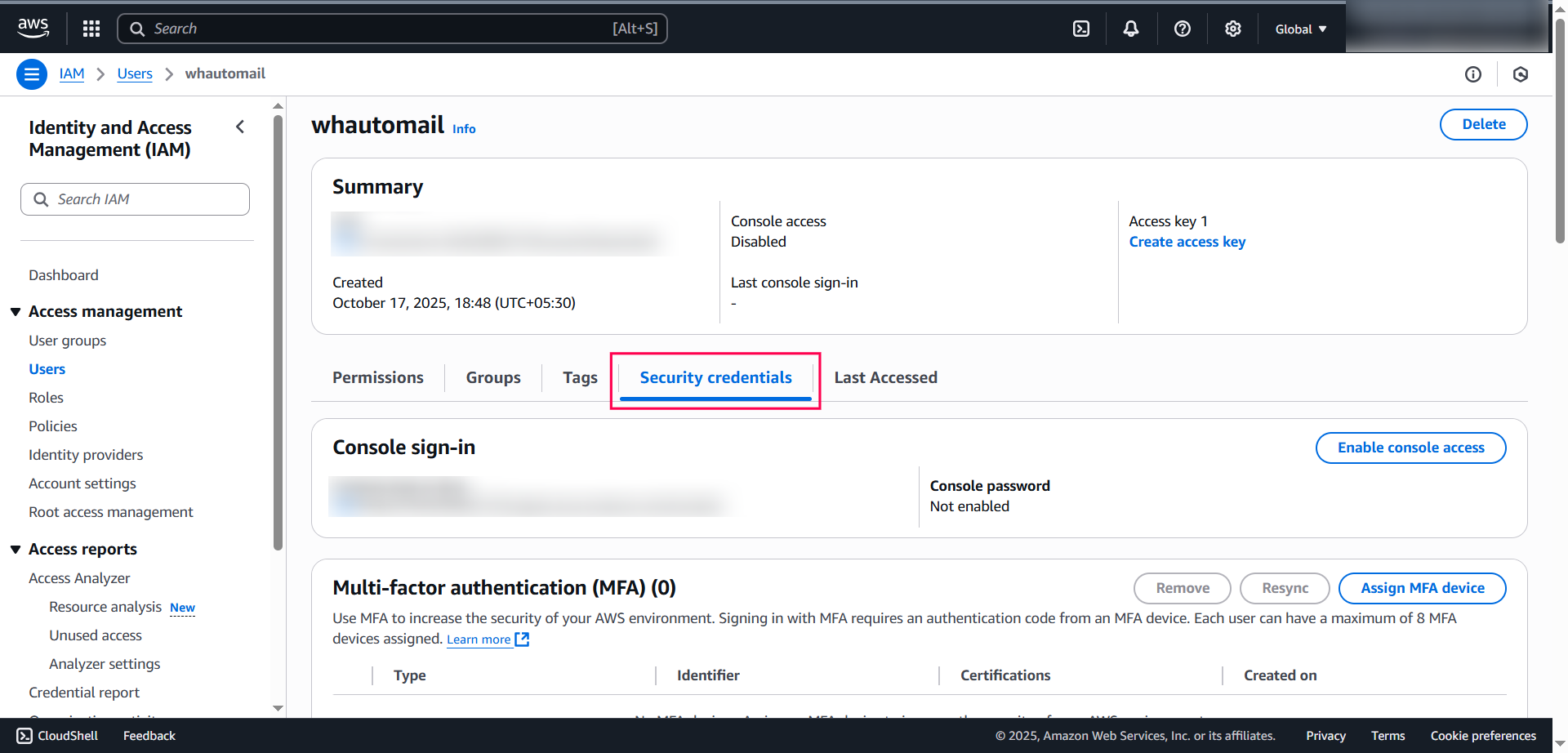 Security Credentials Tab